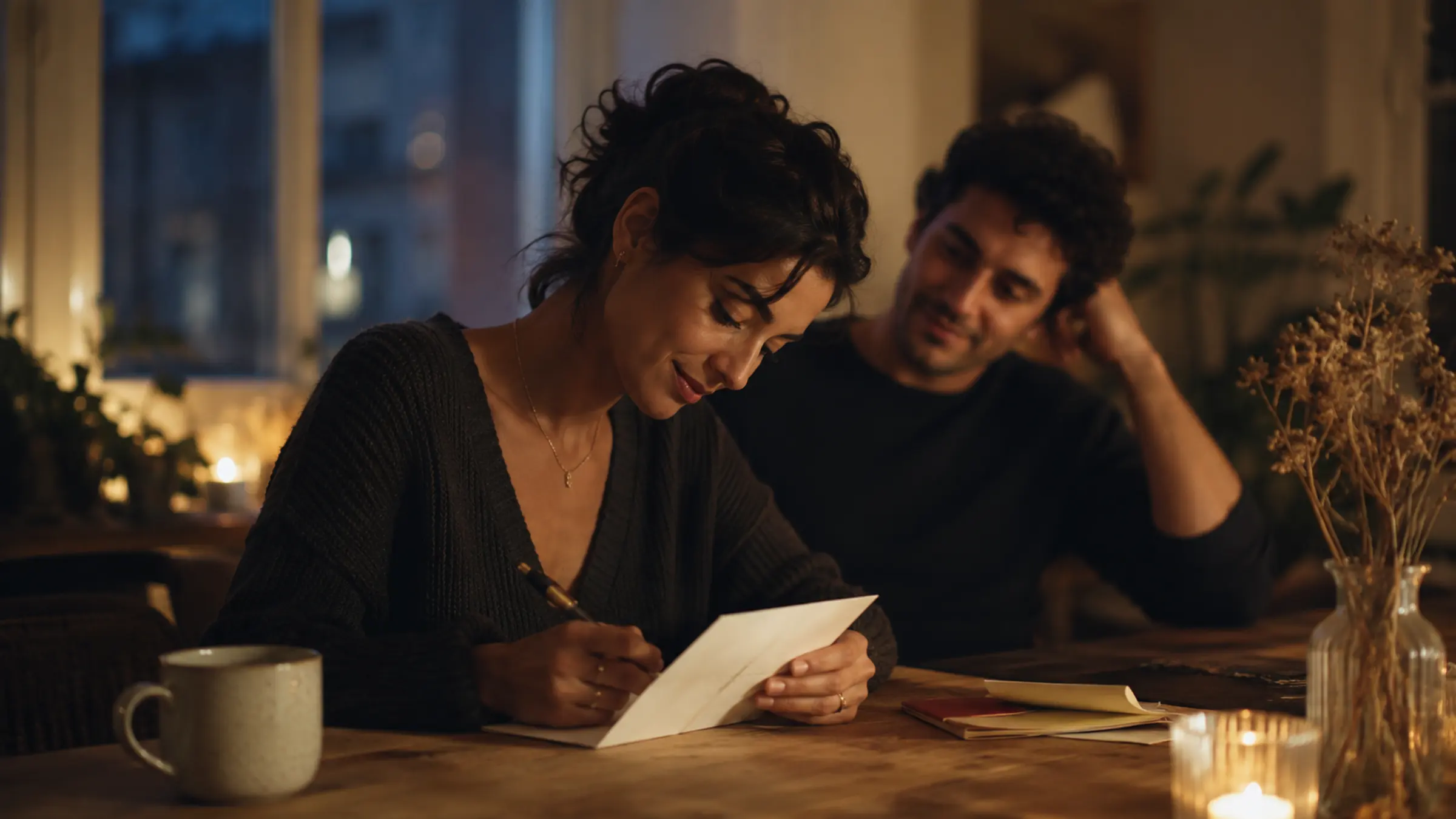 A warm evening table scene with one partner reading or writing a note while another sits nearby in soft focus