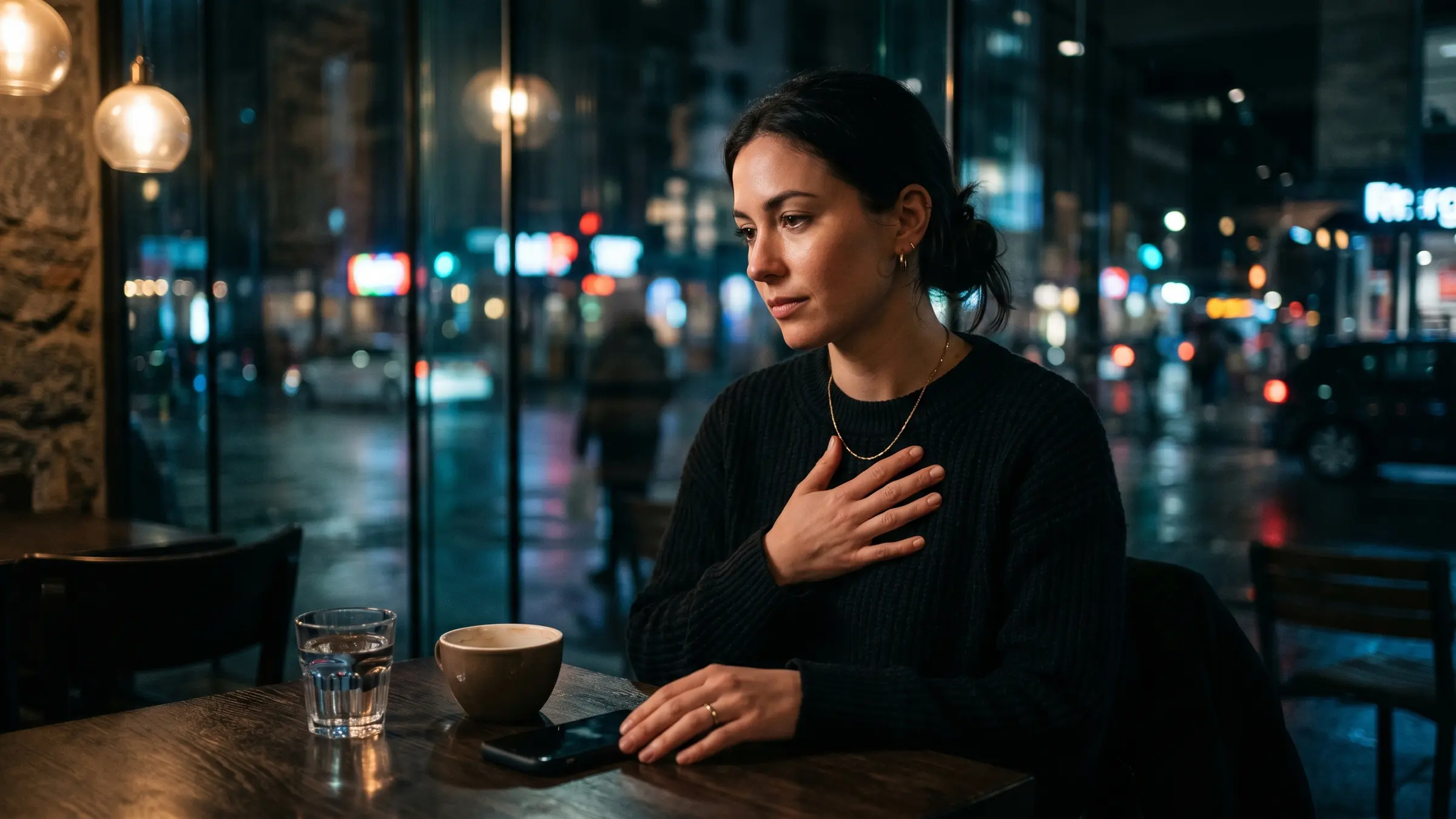 A woman sitting alone at a cafe table with a hand over her chest after a date