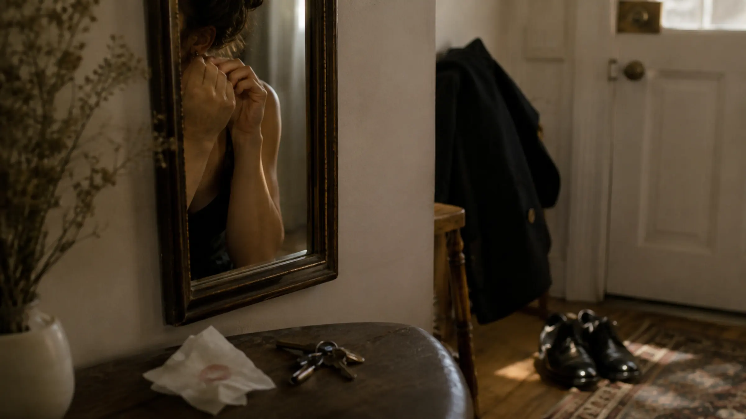 A half-lit entryway mirror with shoes, earrings, and a coat waiting before a date