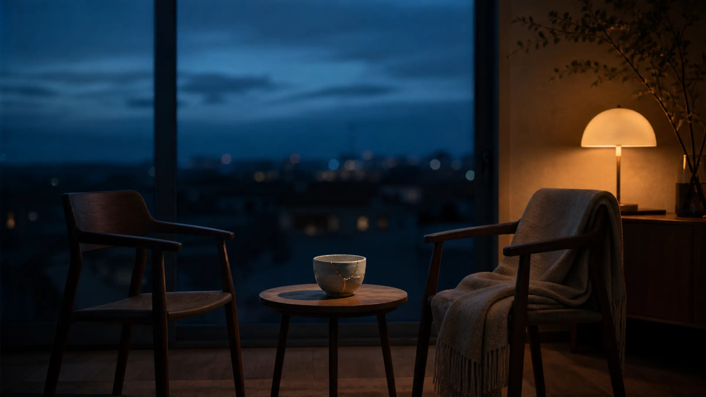 Two chairs near a window after sunset with a repaired ceramic cup, soft blue light, and a warm lamp between them