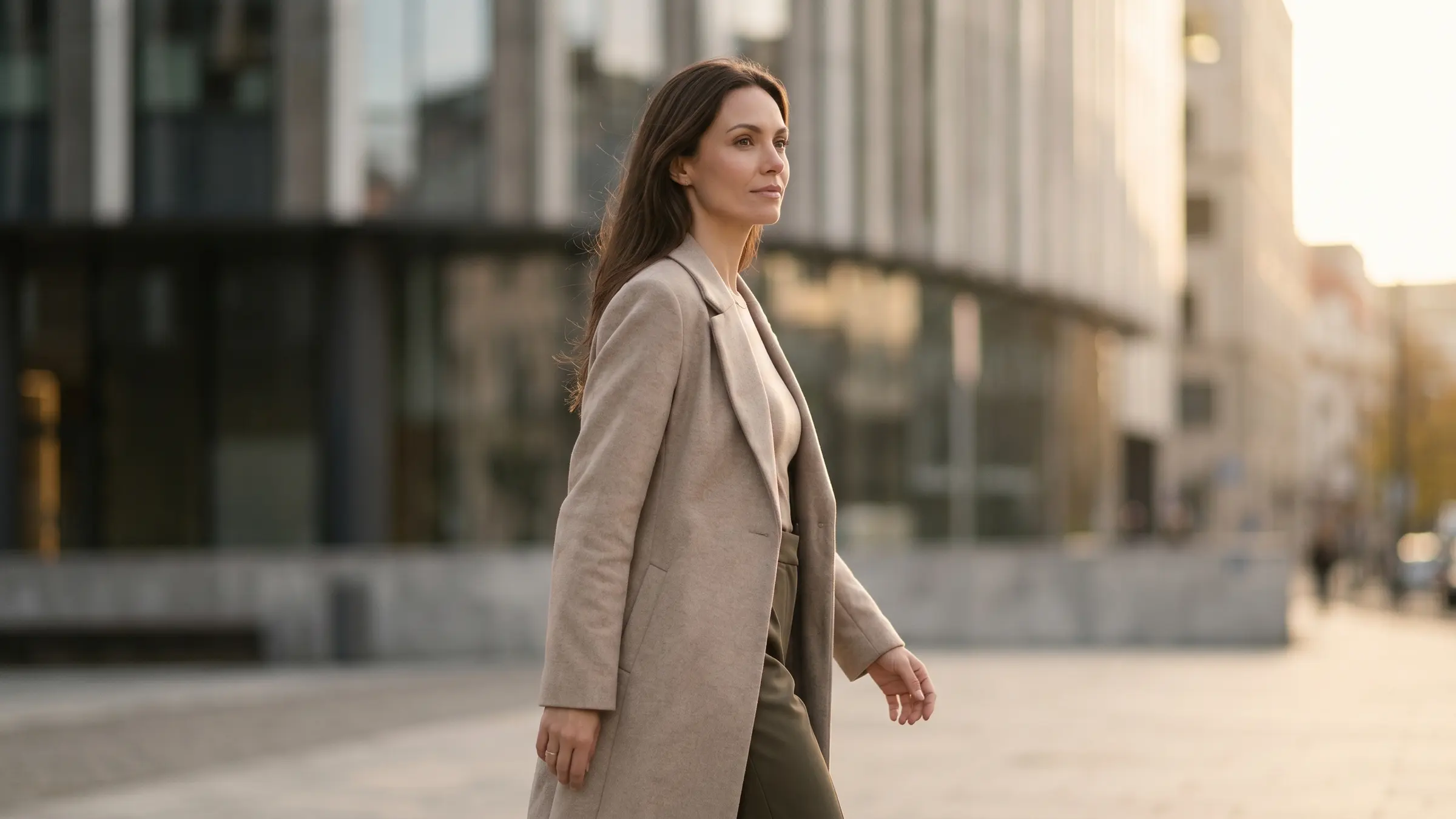 A woman walking through soft late-afternoon city light with an unhurried pace