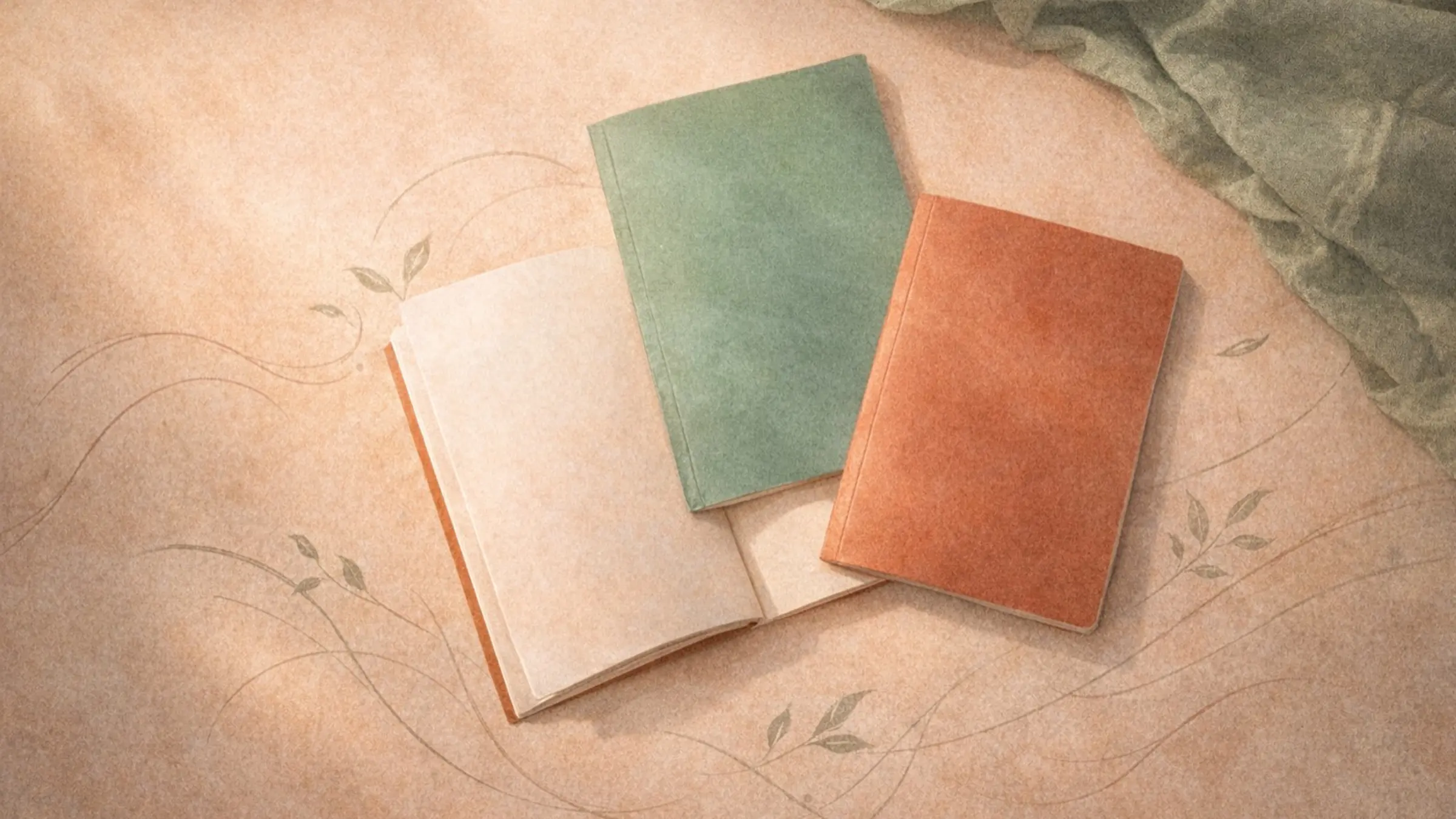 Warm still life of books and soft fabric on a clay-toned background
