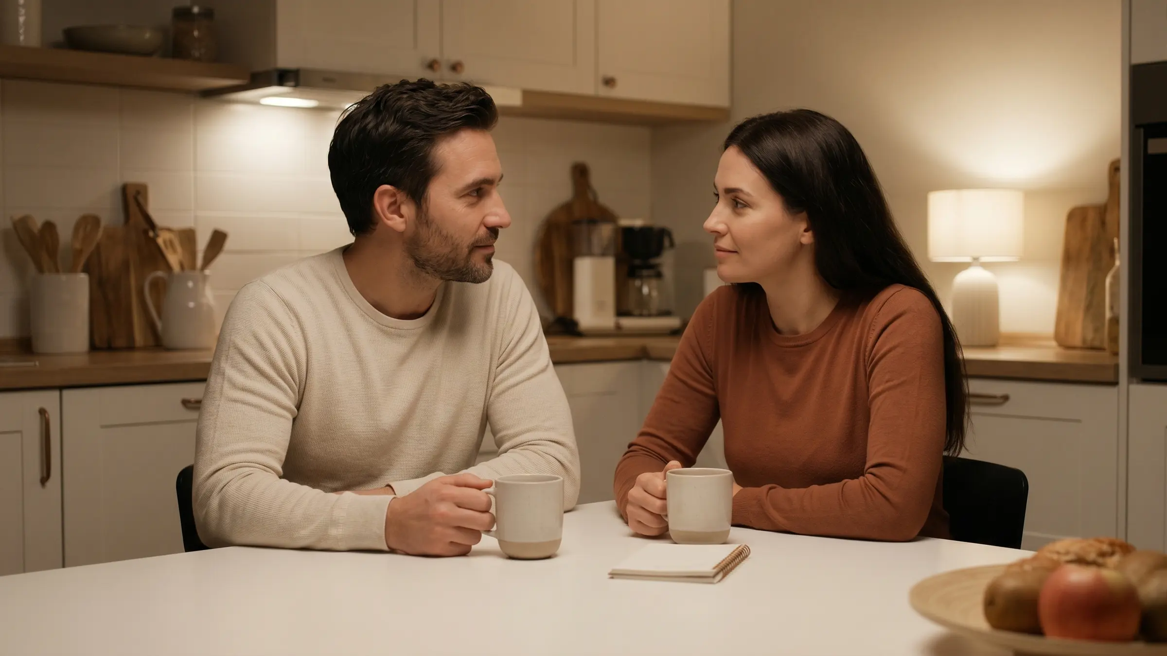 A couple sitting at a kitchen table with two mugs and direct, gentle eye contact