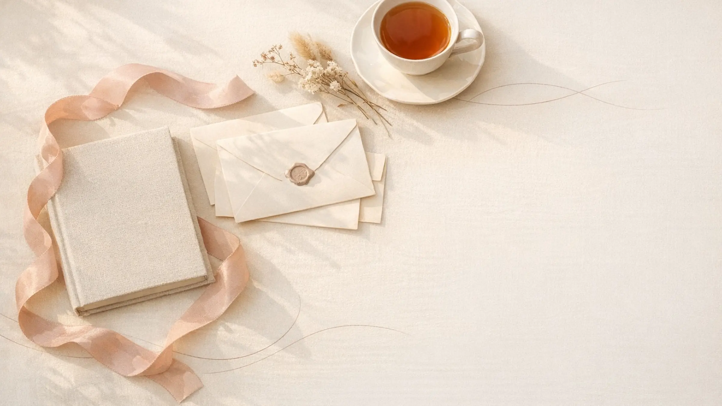 Editorial still life with letters, ribbon, and tea cup arranged on a soft cream fabric