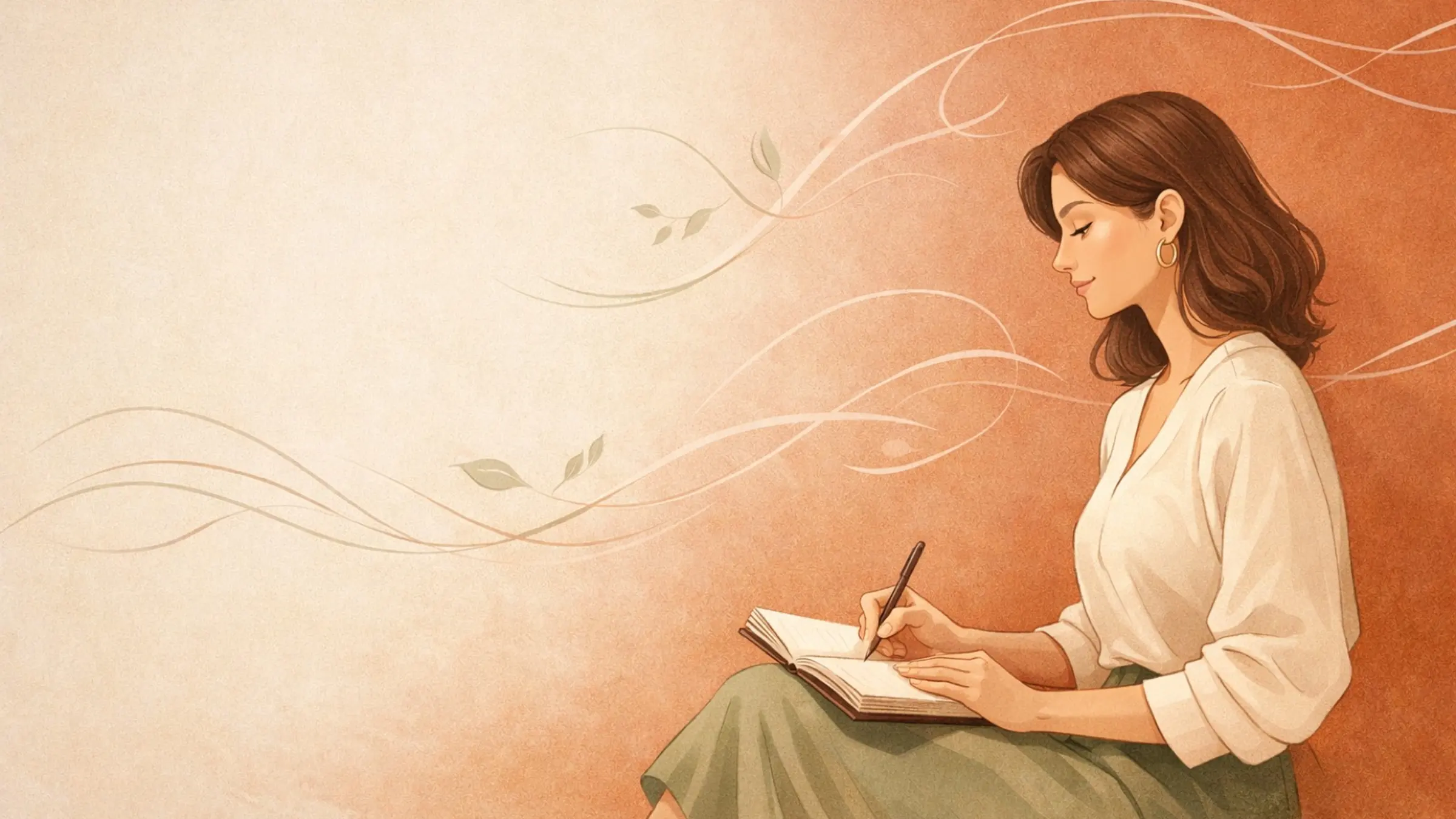 Warm illustration of a woman reflecting and writing at home