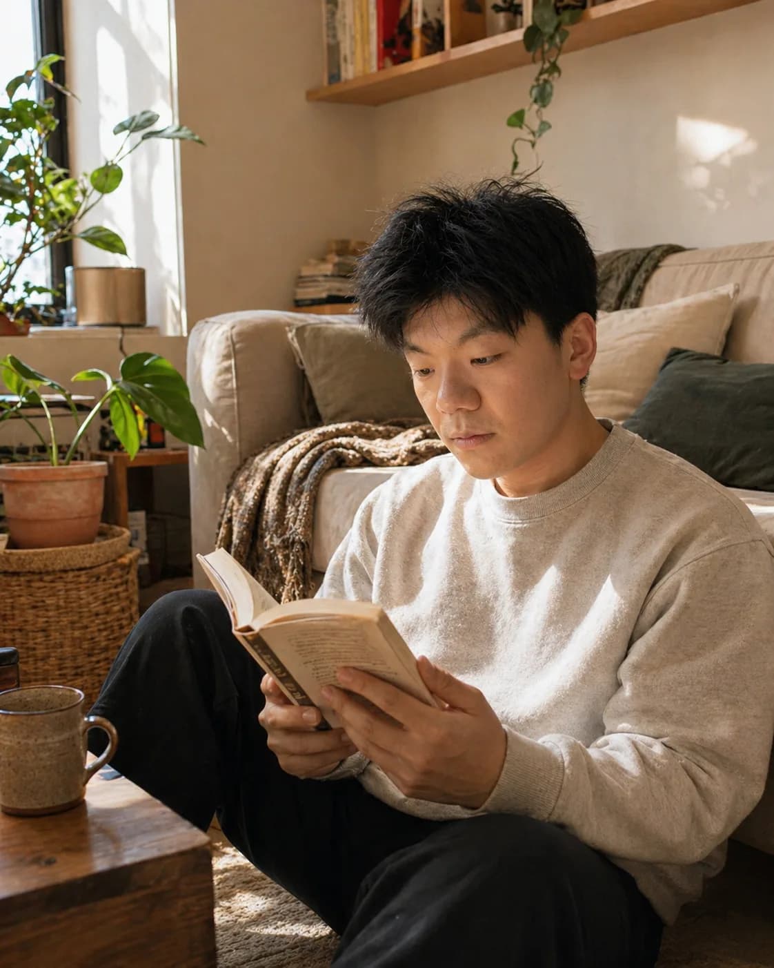 Caleb Merridan reading at home beside plants and morning light