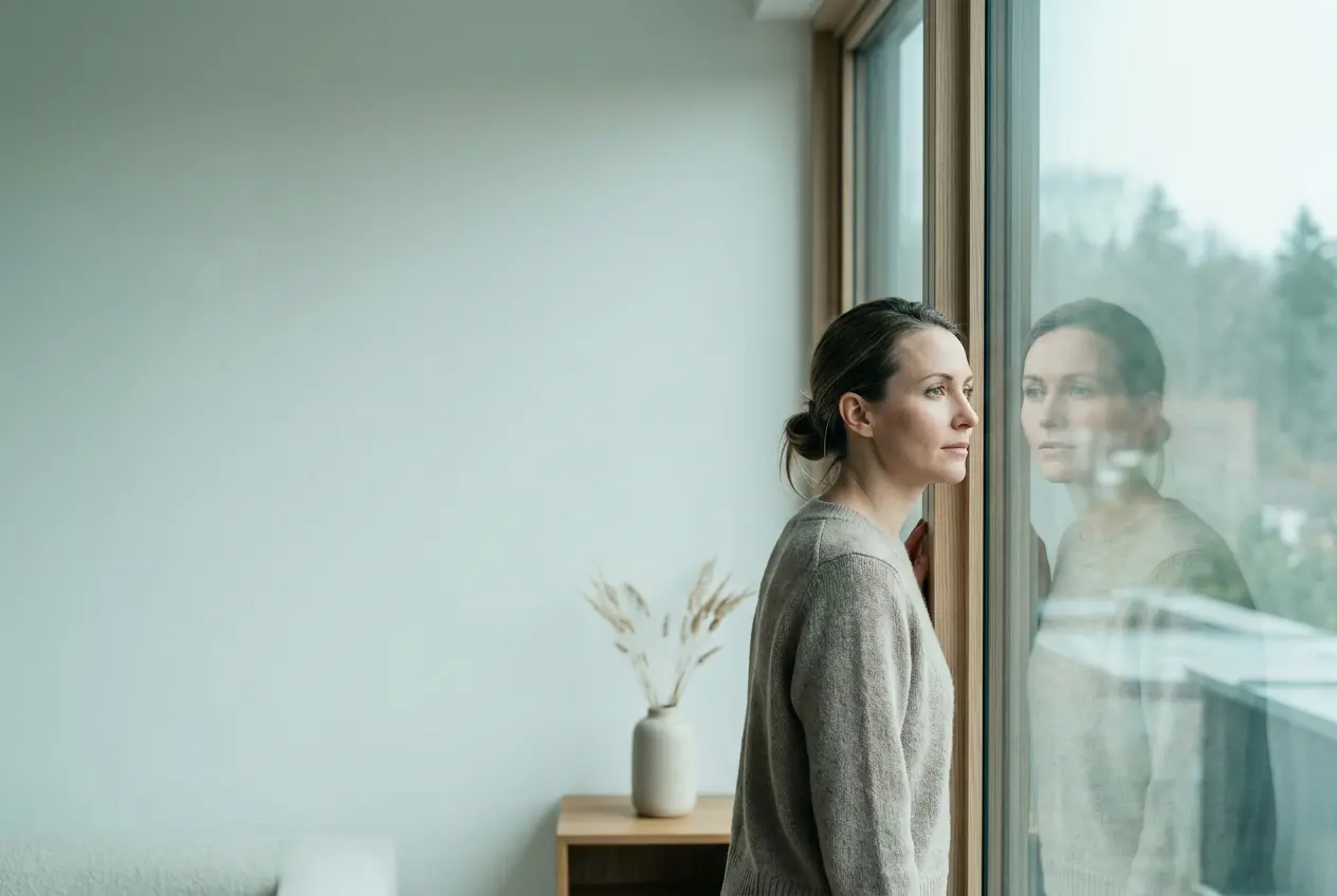 A woman looking out a window in a calm interior