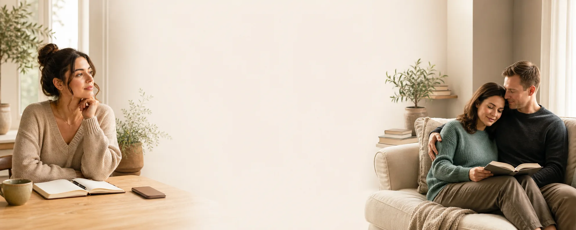 Relationship guide store hero with lifestyle scenes and open space for the headline