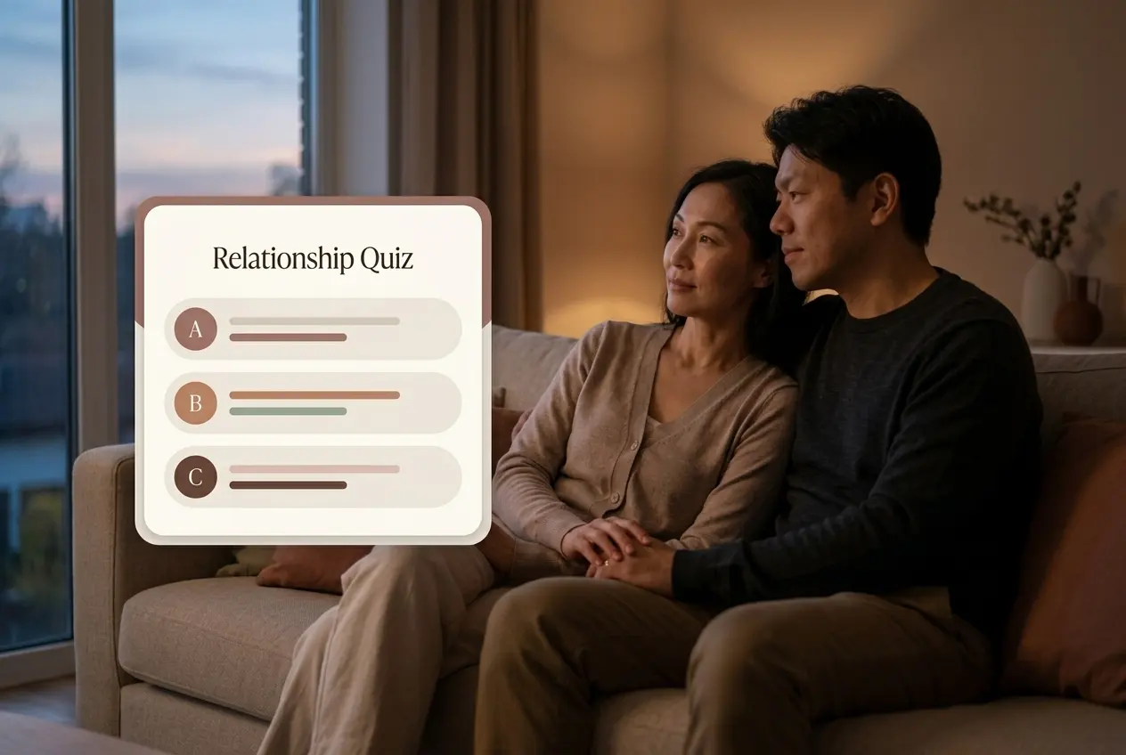 A couple on a sofa beside a relationship quiz interface