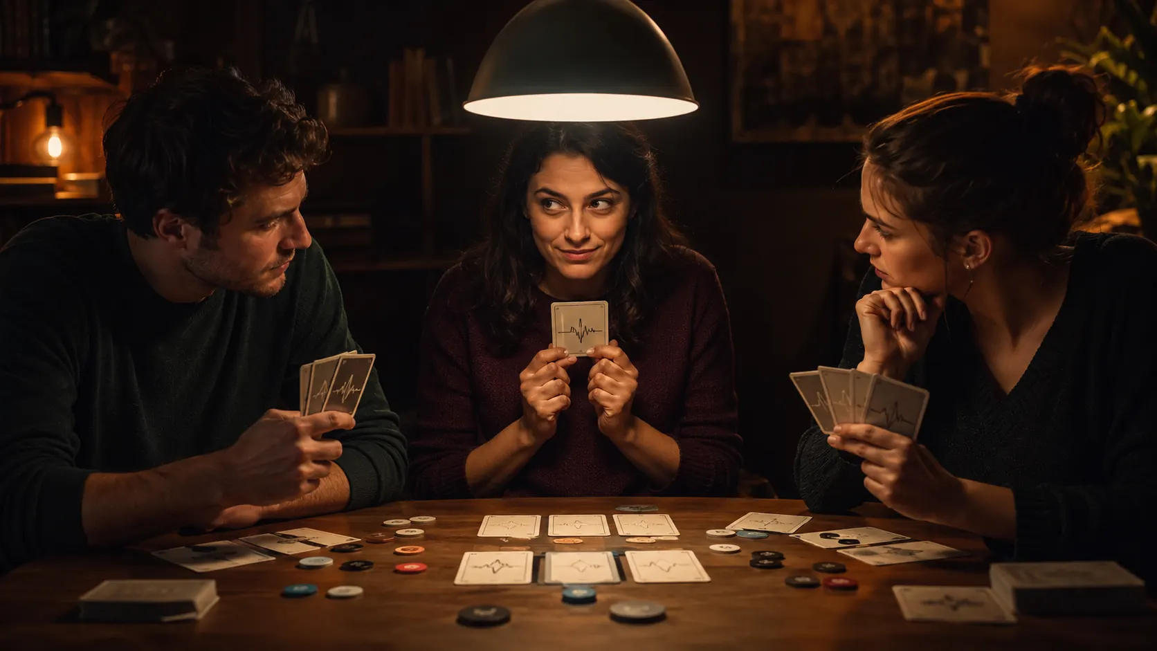 Couples and friends leaning toward a hidden imposter card