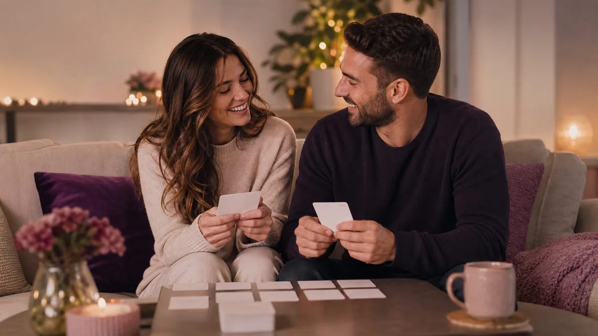A couple smiling with small game cards