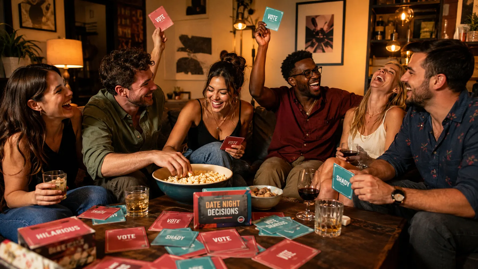 Friends studying clue cards in a mixed signal imposter game