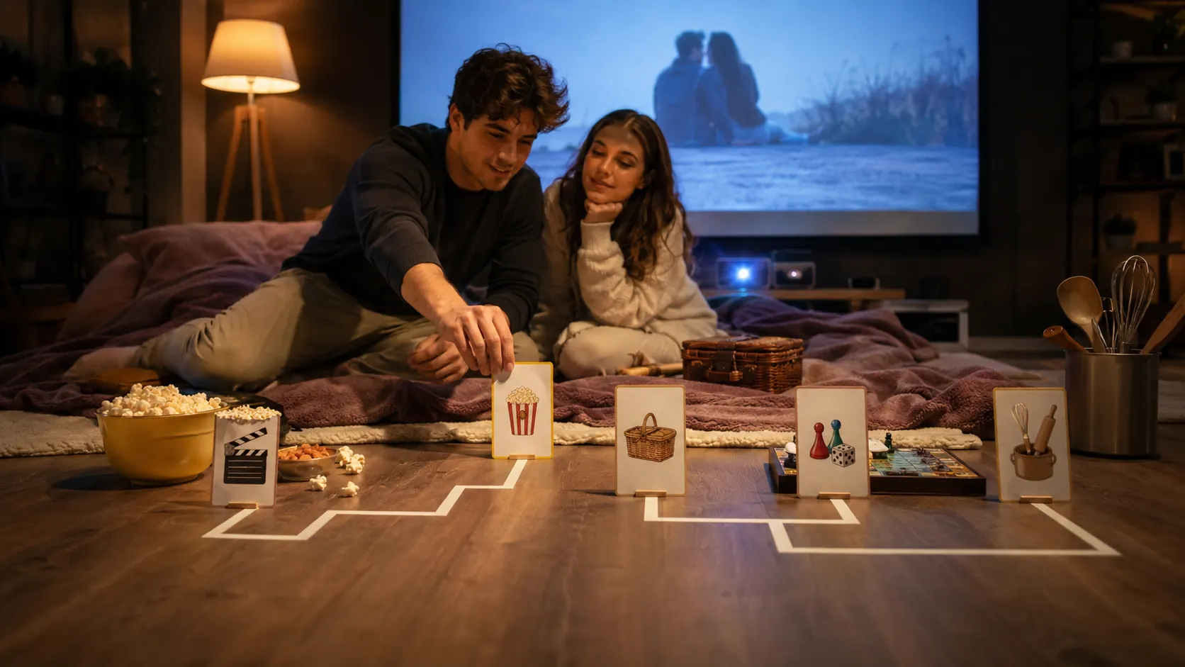 A couple choosing between pop culture date night options