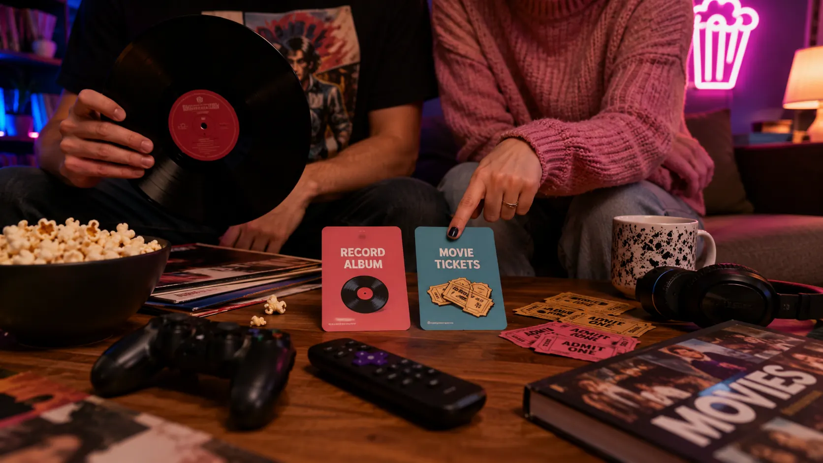 Two people comparing red flag cards in a tournament game