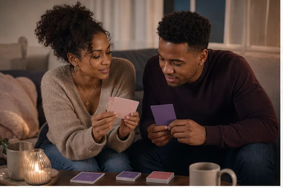 A couple comparing relationship scenario cards on a cozy table