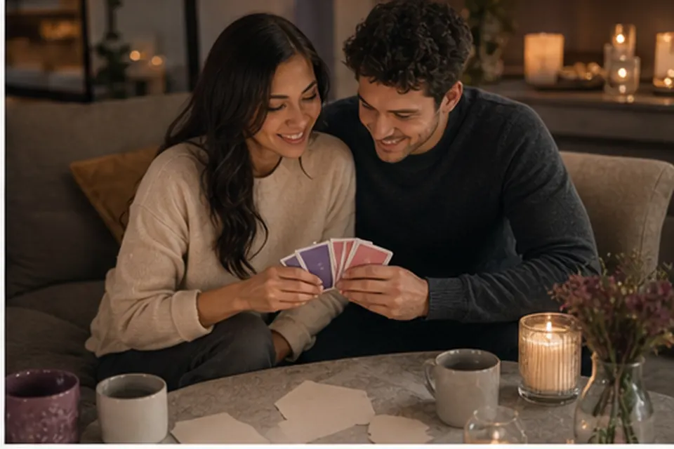 A couple smiling while holding question cards on a sofa