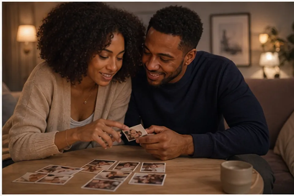 A couple reviewing small photo clue cards together