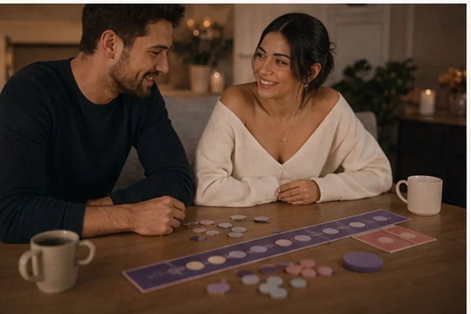 A couple playing a rating-scale relationship game at a table