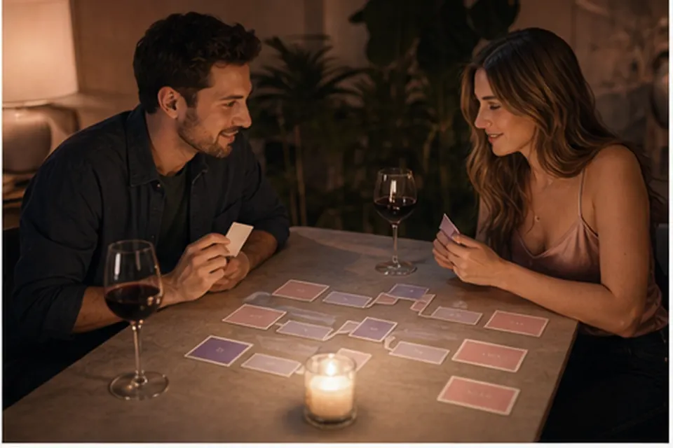 A couple playing a date-night bracket game with cards