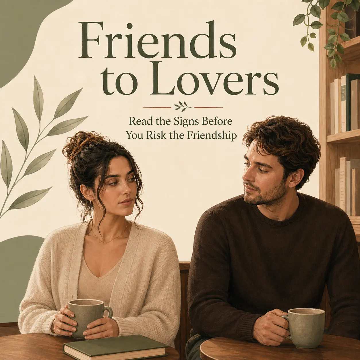 A poster-style Friends to Lovers cover with a woman and man sitting together in a warm cafe