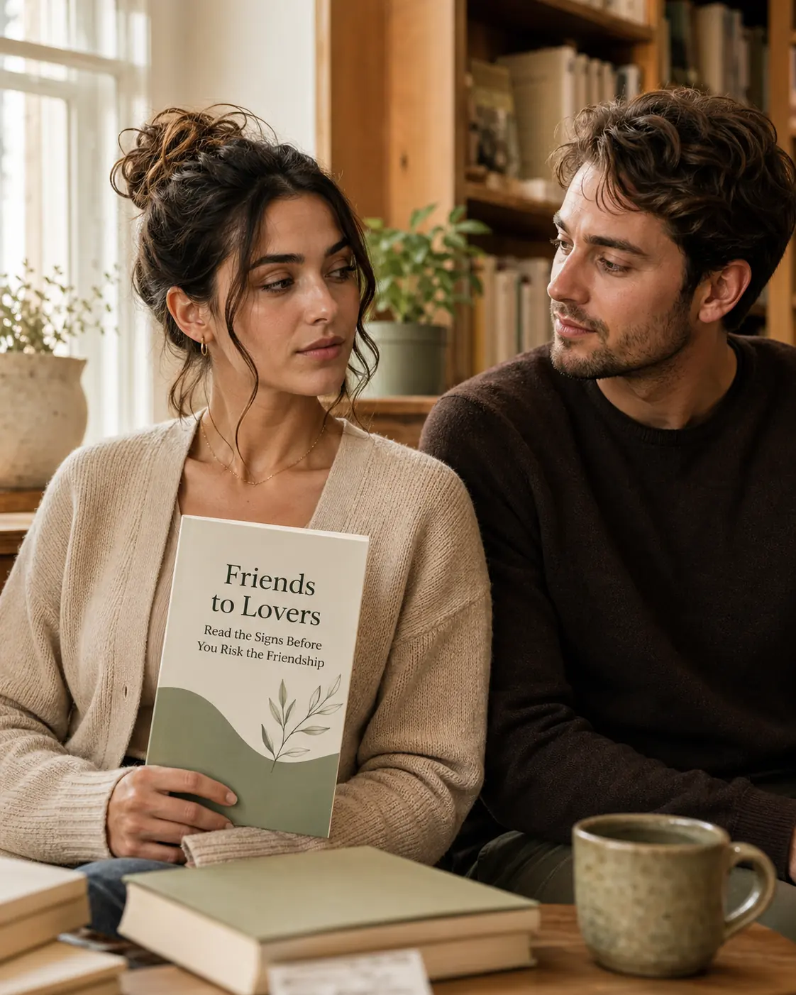 A woman holding the Friends to Lovers guide while a man looks at her with quiet interest