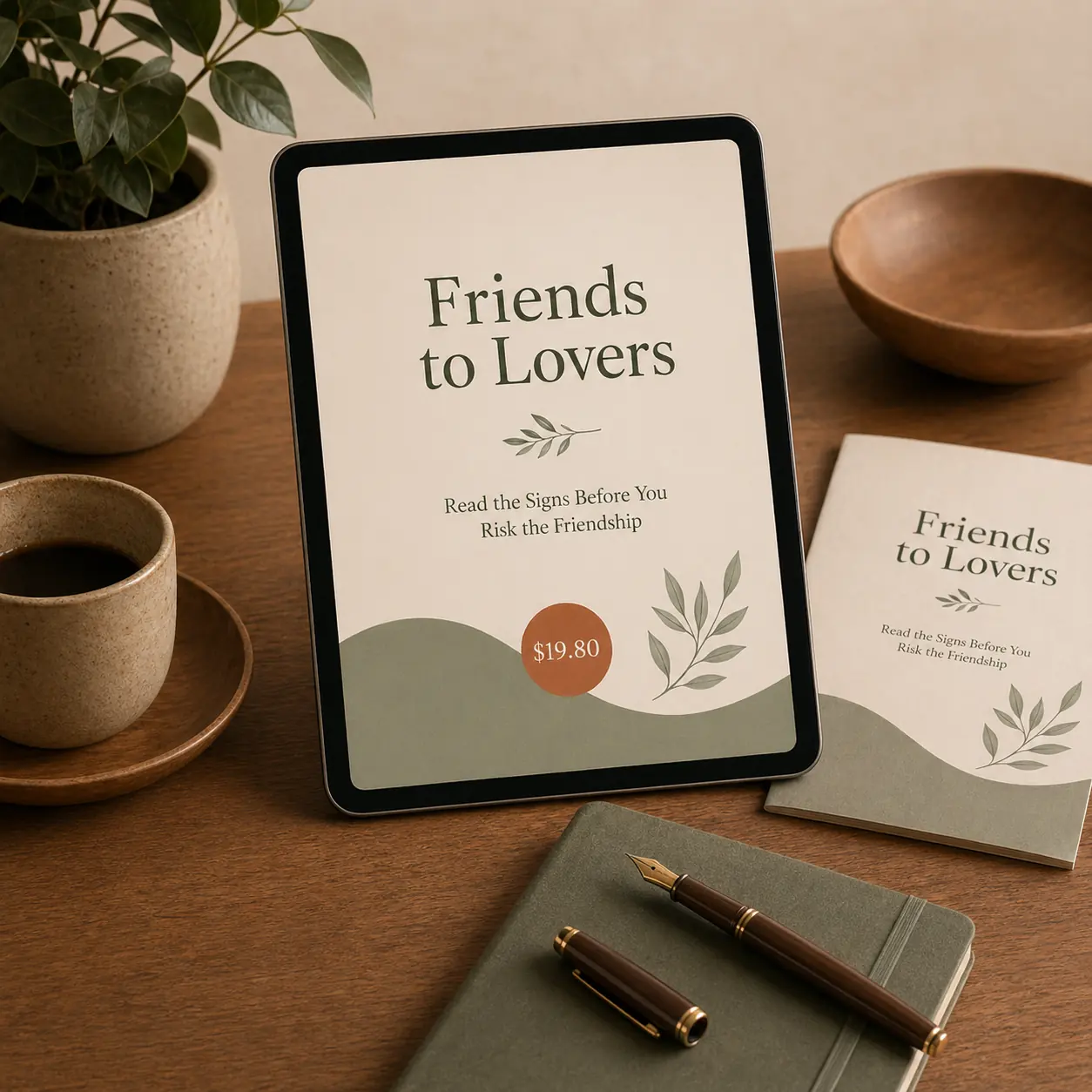 A tablet displaying the Friends to Lovers guide beside a printed copy, notebook, coffee, and pen