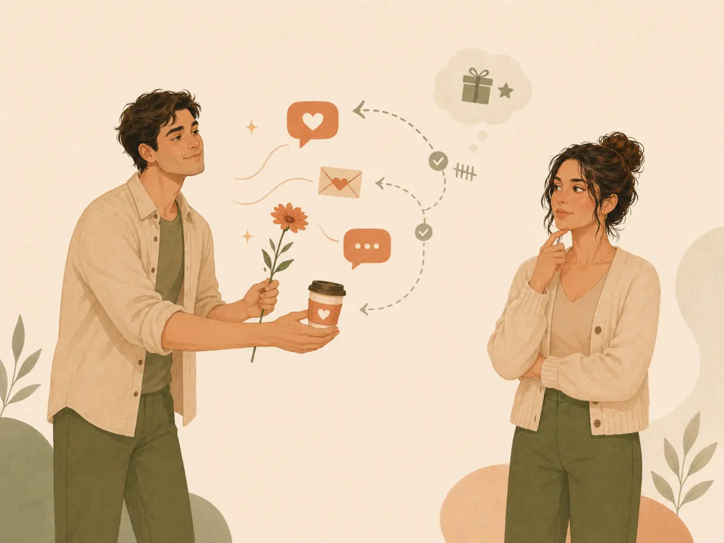 An illustration of a man offering coffee and a flower while a woman considers whether the gesture means more