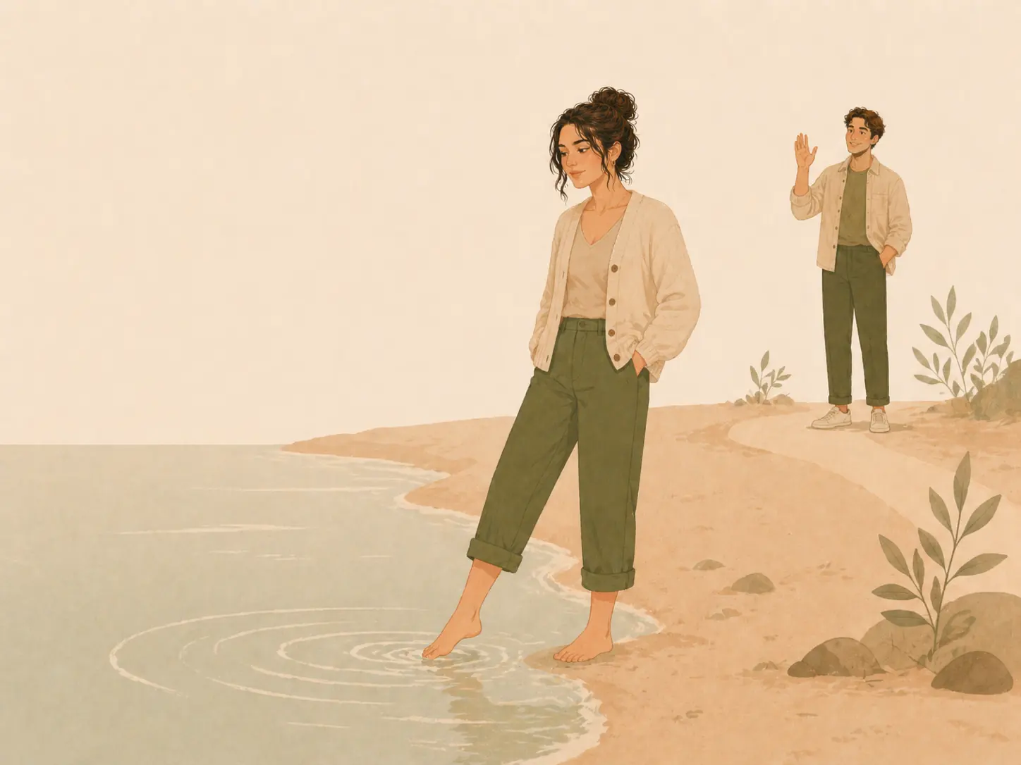An illustration of a woman testing the water at the shoreline while a man waves from a distance