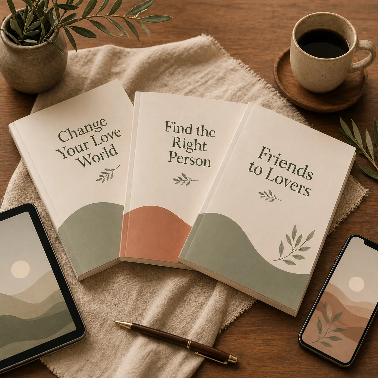 A still life of printed relationship guides, a tablet, and a phone on a warm wooden table
