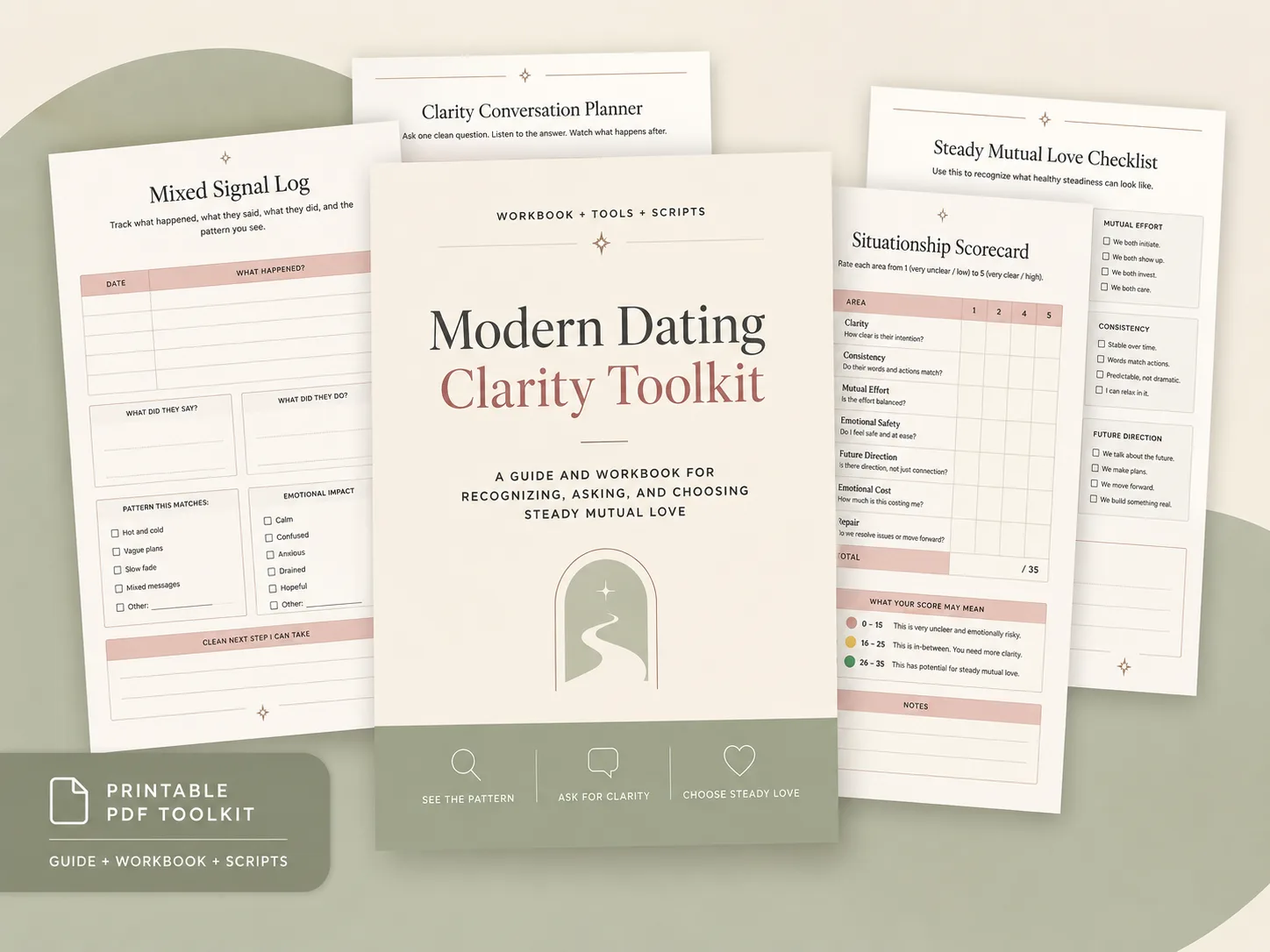 Modern Dating Clarity Toolkit mockup with printable PDF workbook pages