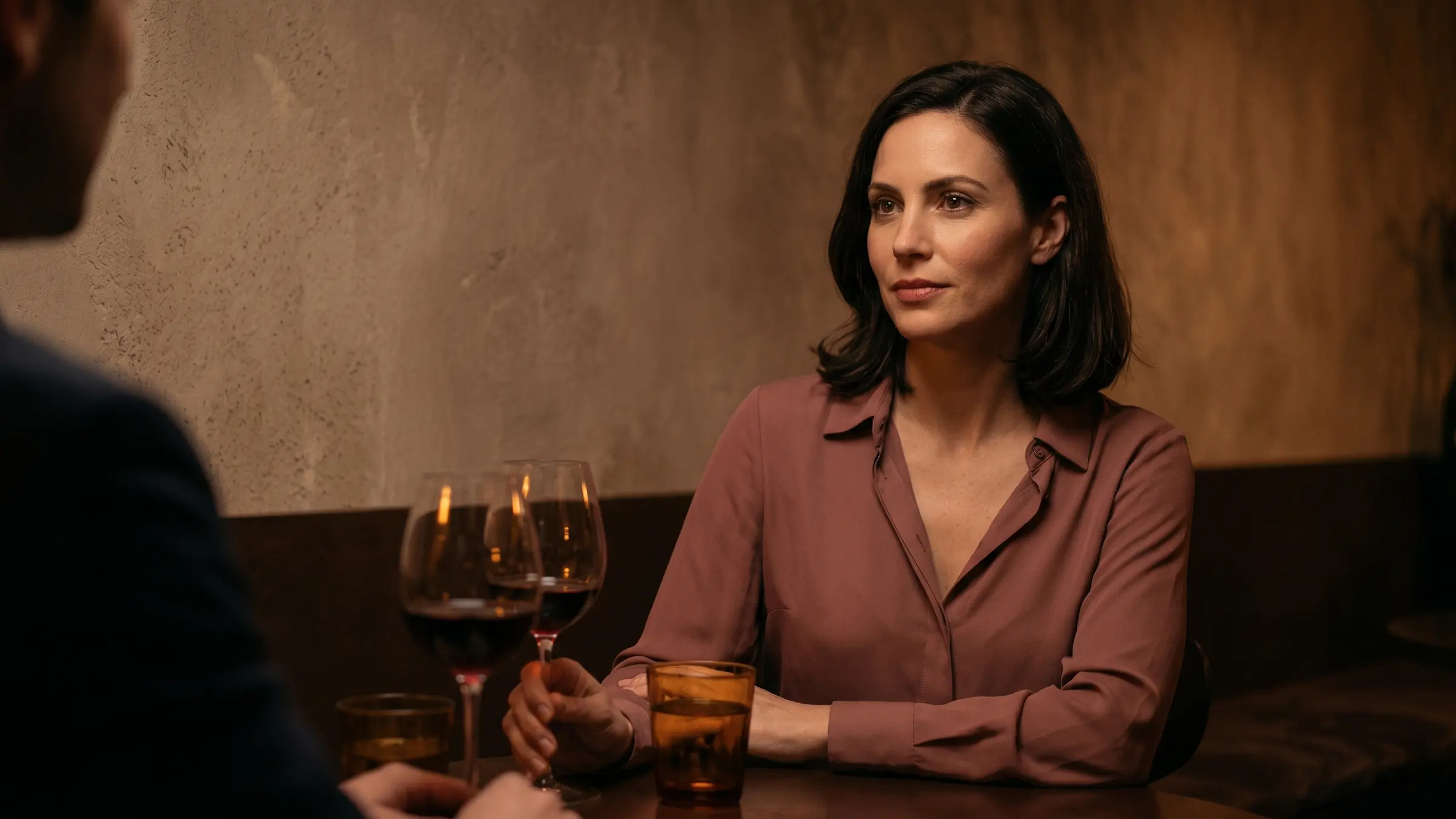 A woman sitting in a low-lit wine bar with a calm, observant expression