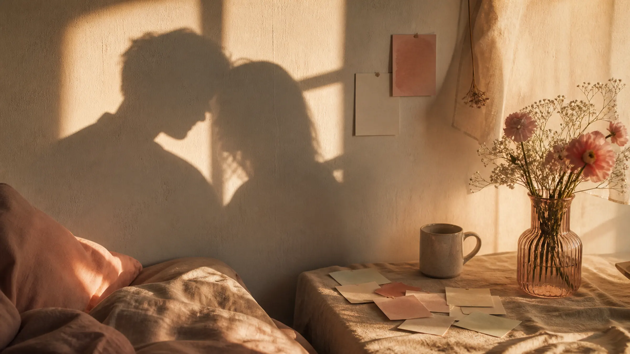 A soft editorial scene of two overlapping shadows, pastel paper slips, and warm morning light on a quiet bedroom wall