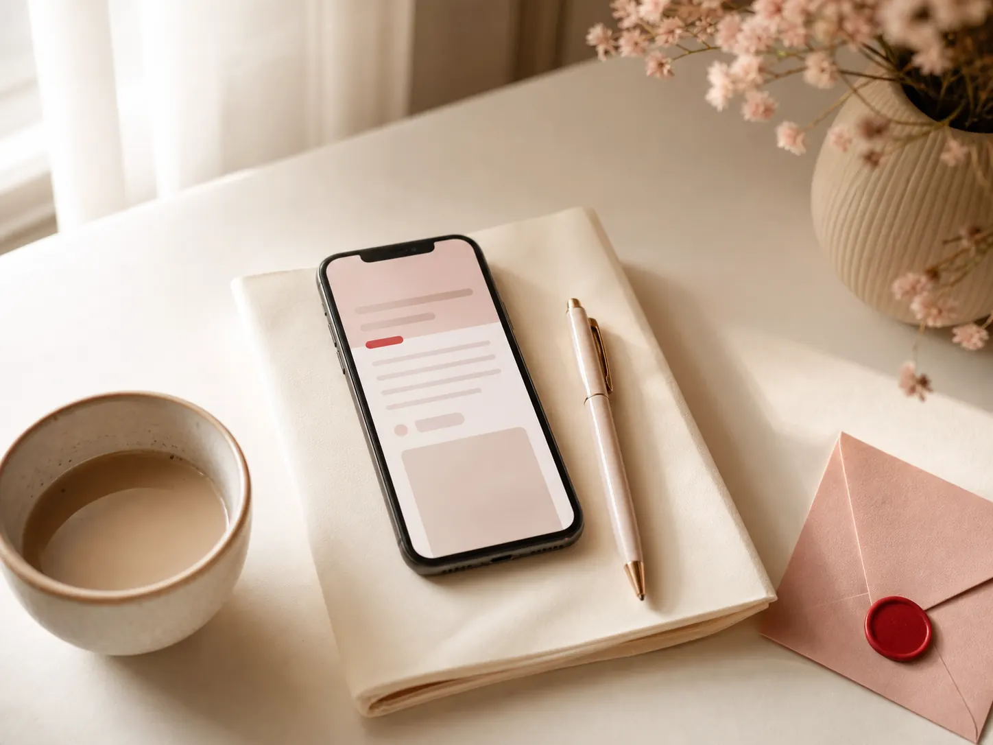 A calm desk with a phone, notebook, pen, coffee, and a sealed letter for the weekly newsletter