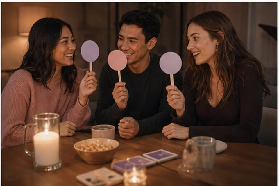 Friends voting in a warm couple game night setting
