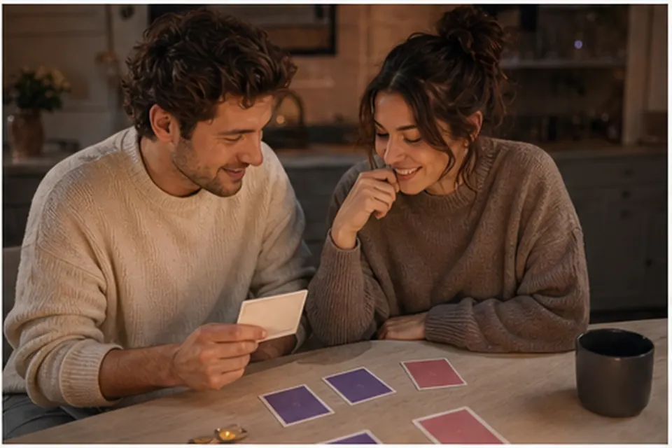 A couple comparing answer cards in a warm home setting