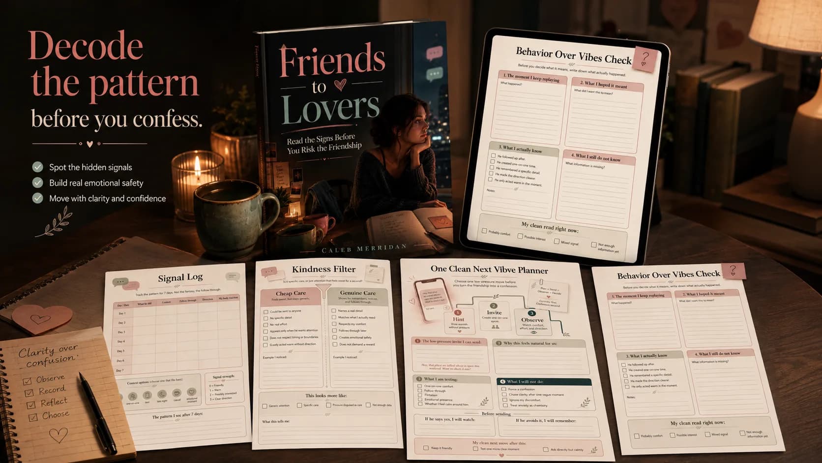 Friends to Lovers PDF toolkit shown with preview worksheets on a warm desk
