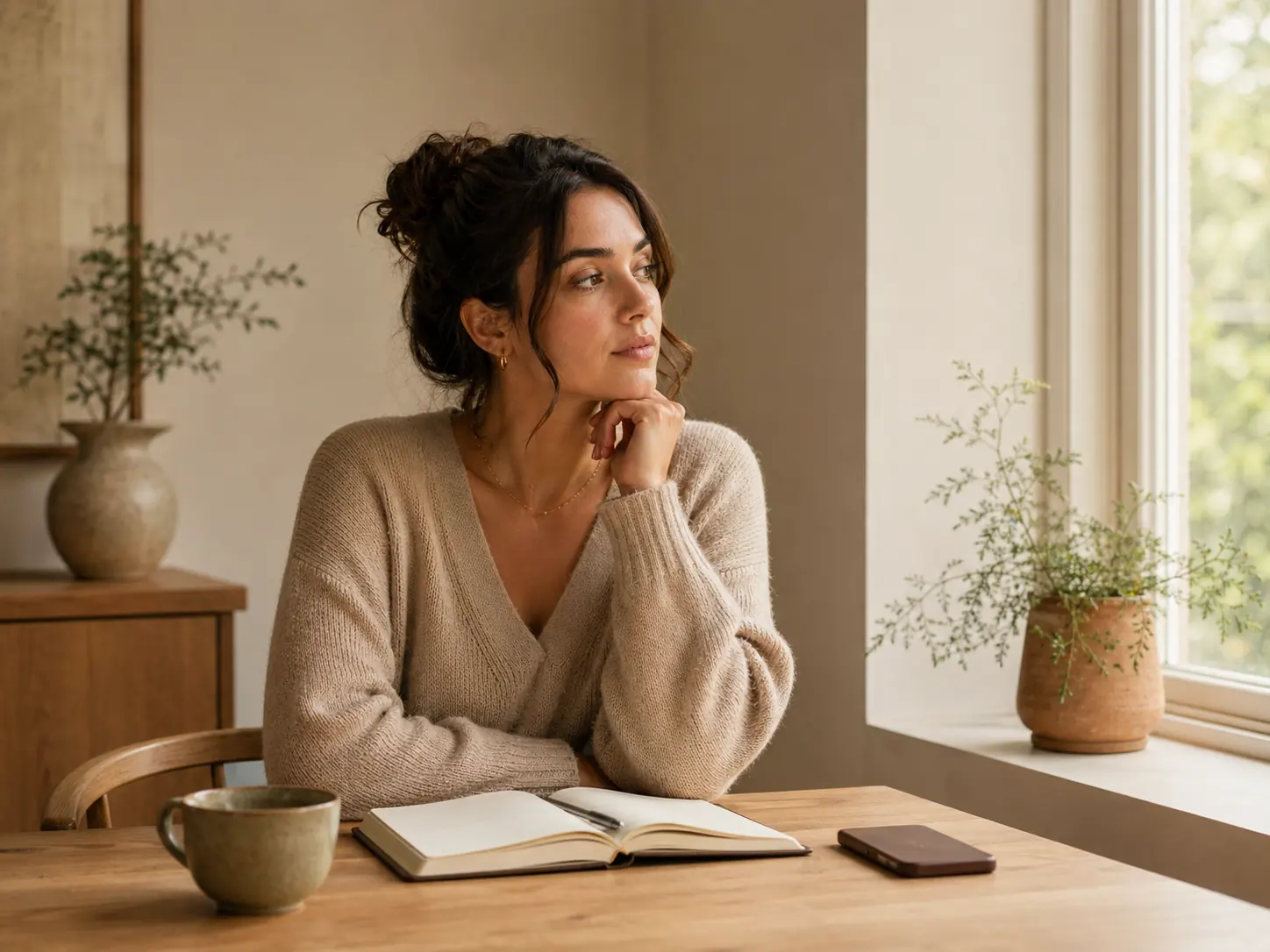 A woman reflecting beside a window with an open notebook and coffee on a wooden table
