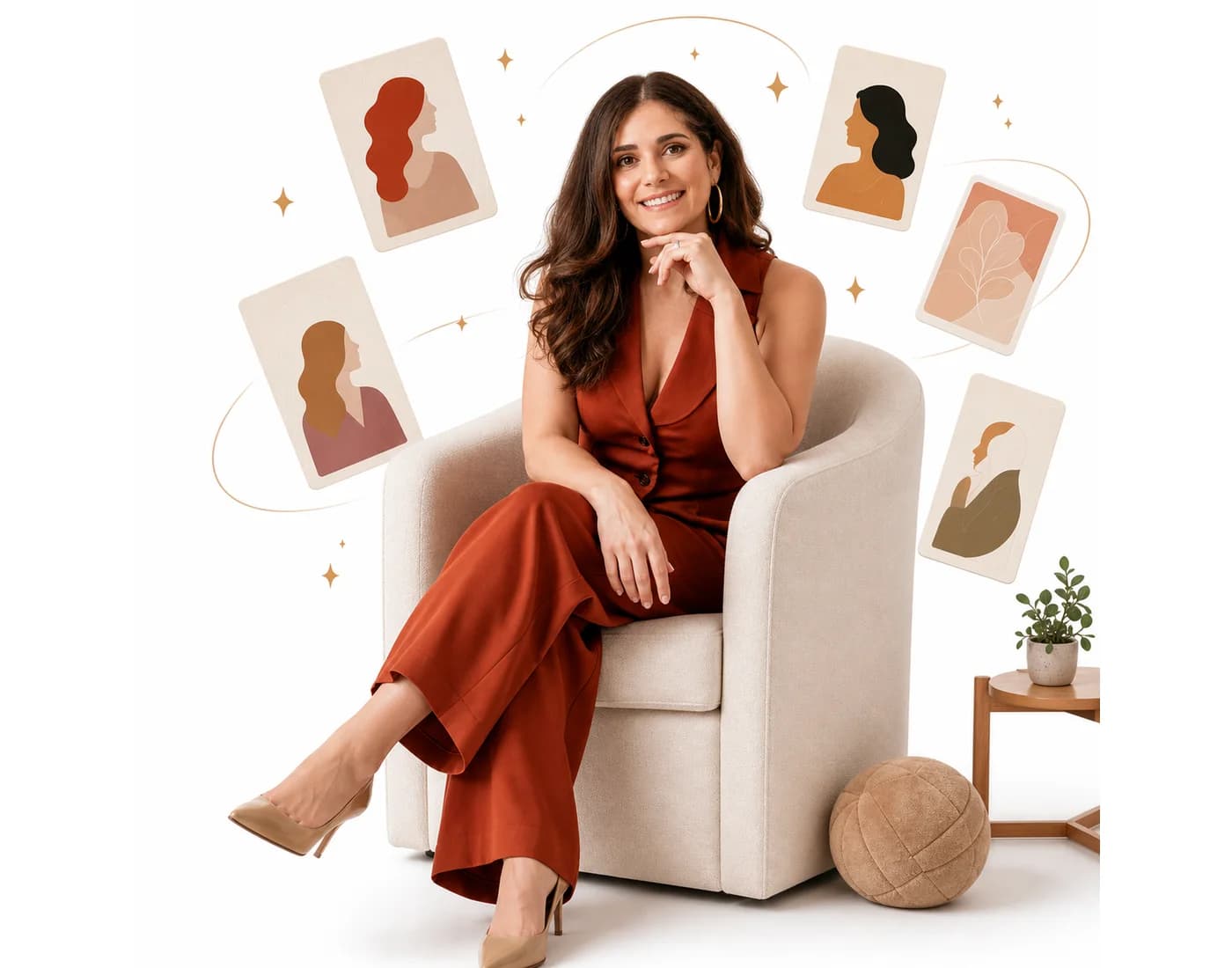 A confident woman seated with feminine archetype cards around her