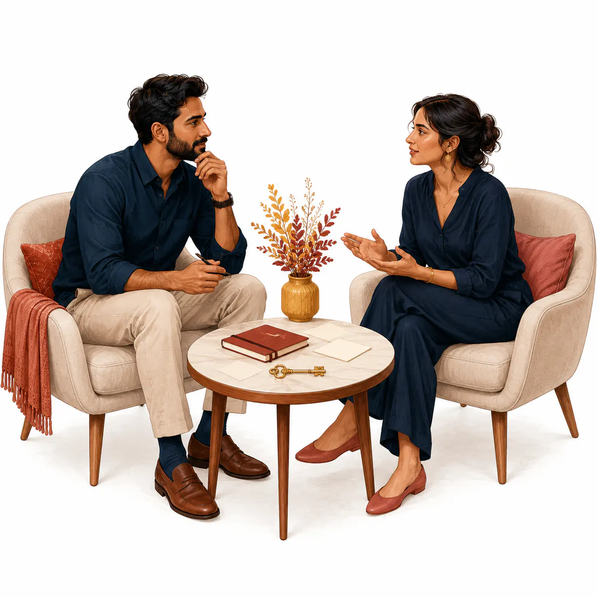Two partners in separate armchairs talking calmly over a marriage planning table