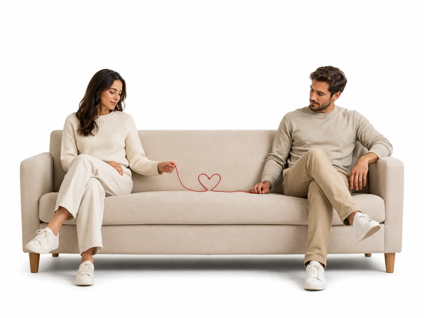 A couple sitting apart on a light sofa with a loose red thread forming an unfinished heart
