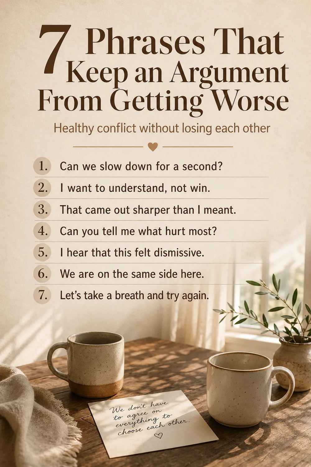 Pinterest cover for 7 phrases that keep an argument from getting worse