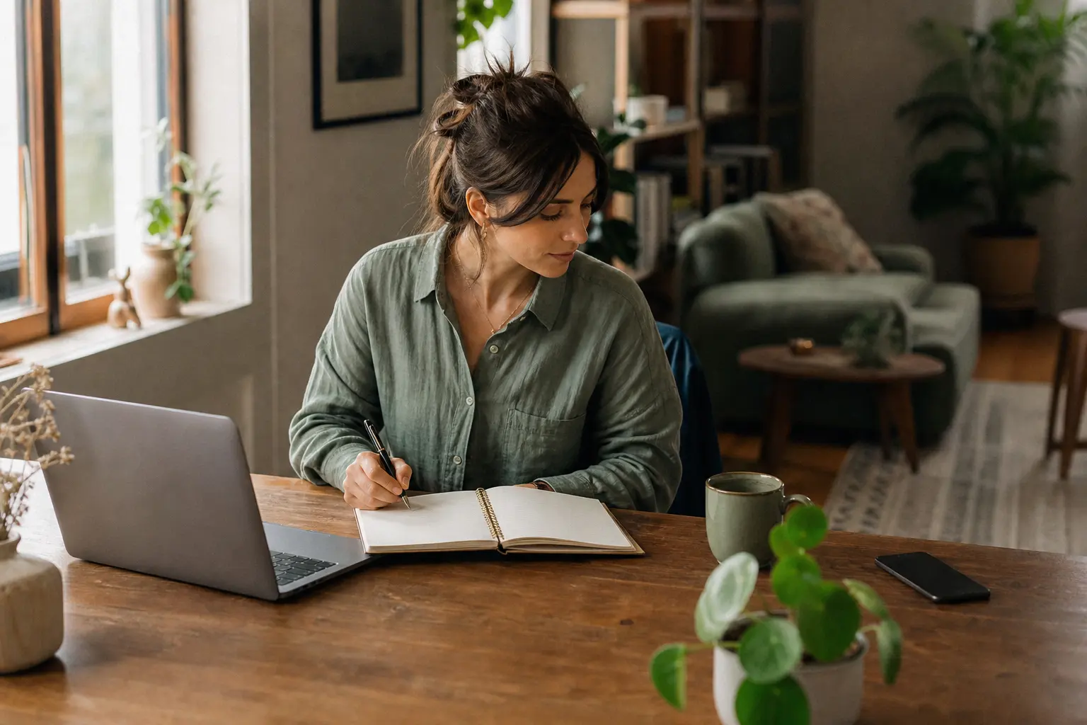 A woman returning her attention to work while her phone rests out of reach