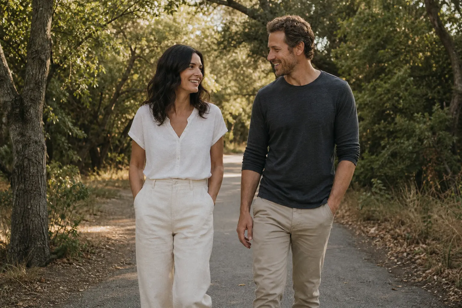 A relaxed couple walking together with warmth and comfortable personal space