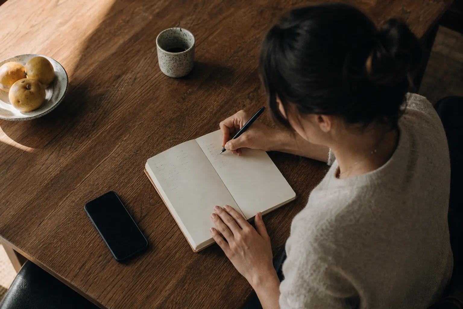 A woman calmly separating observations in a two-column notebook