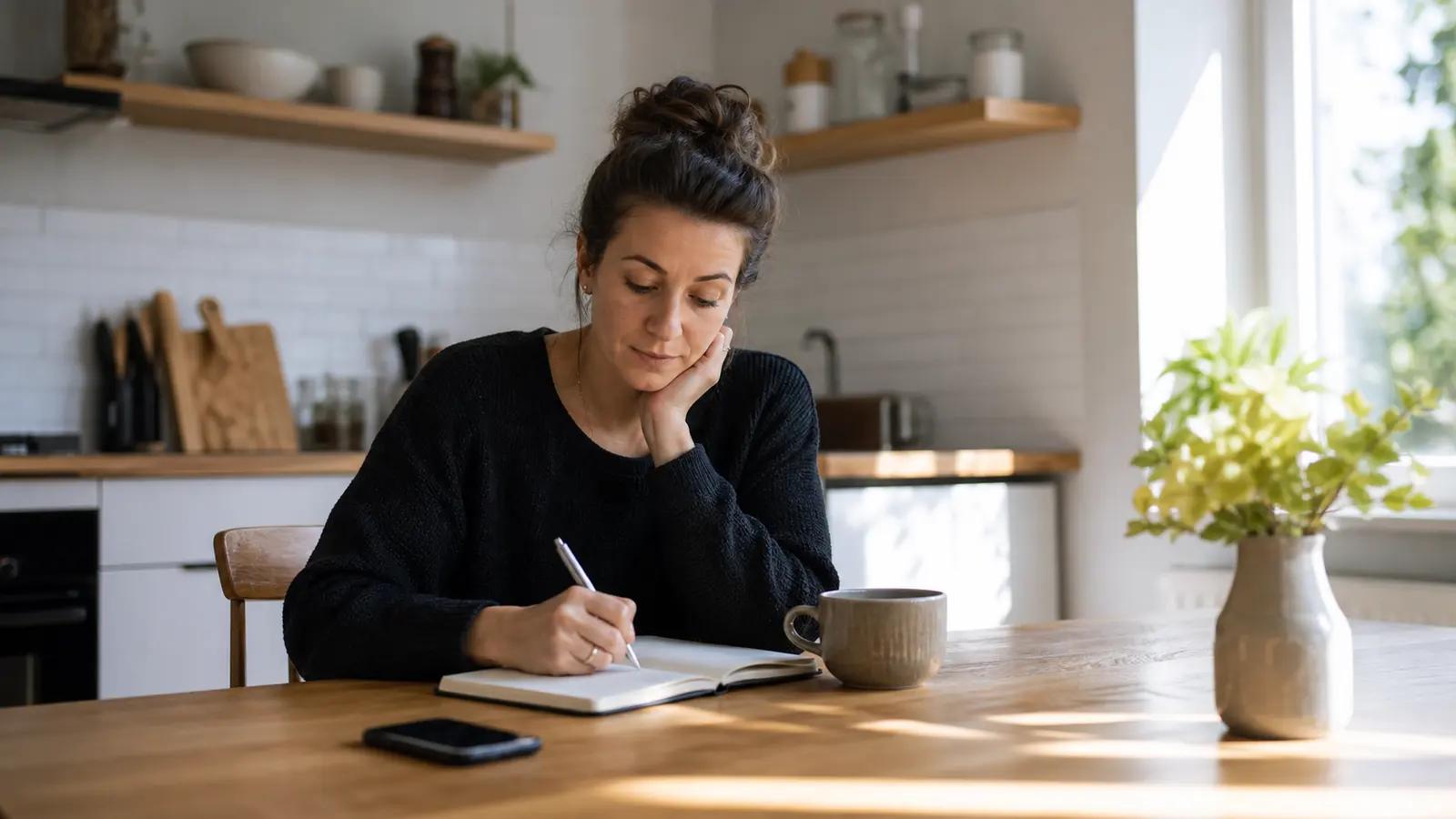 A person writing notes at a sunlit kitchen table with a phone face-down nearby