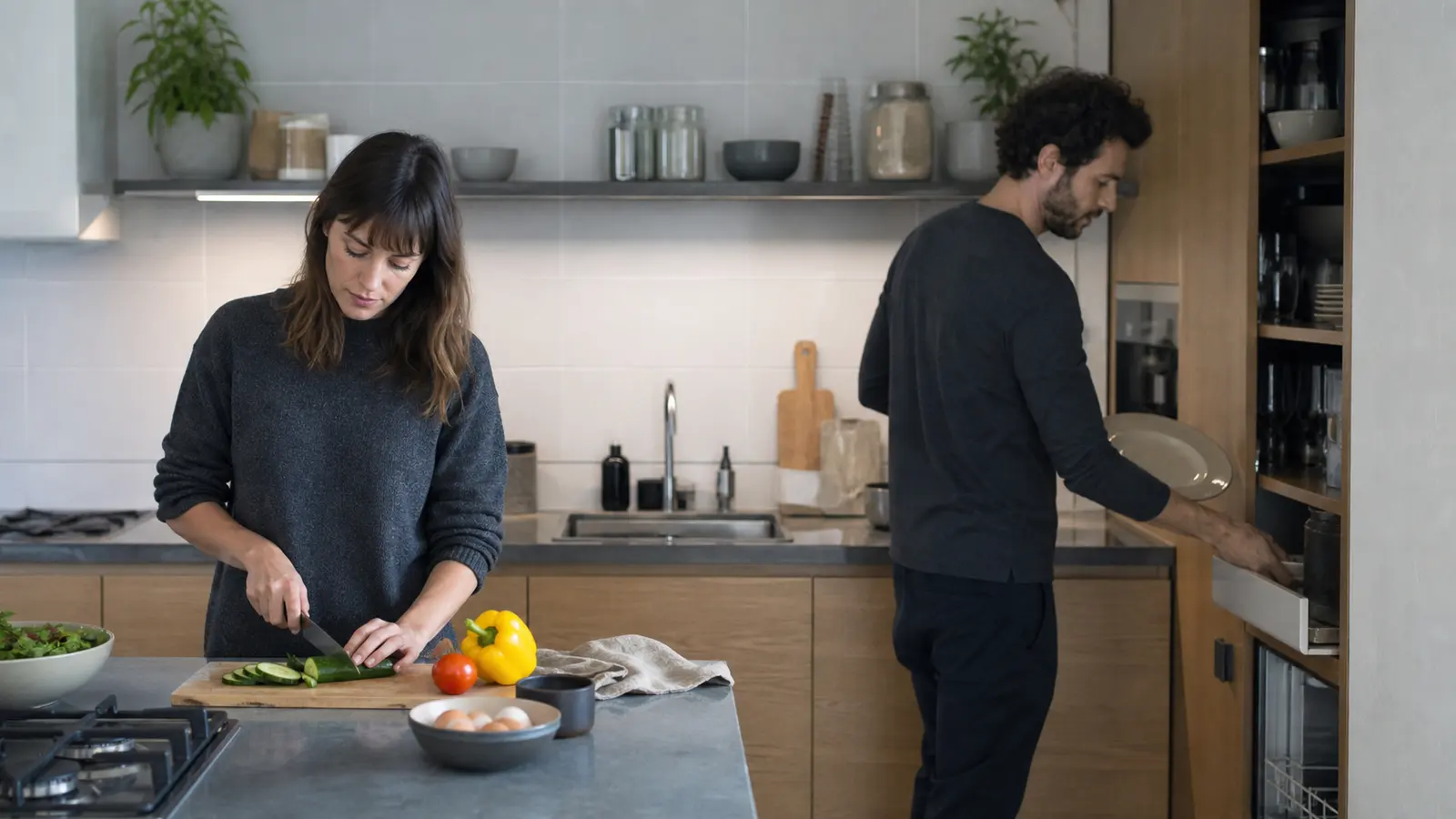 Two partners complete separate kitchen routines with little eye contact