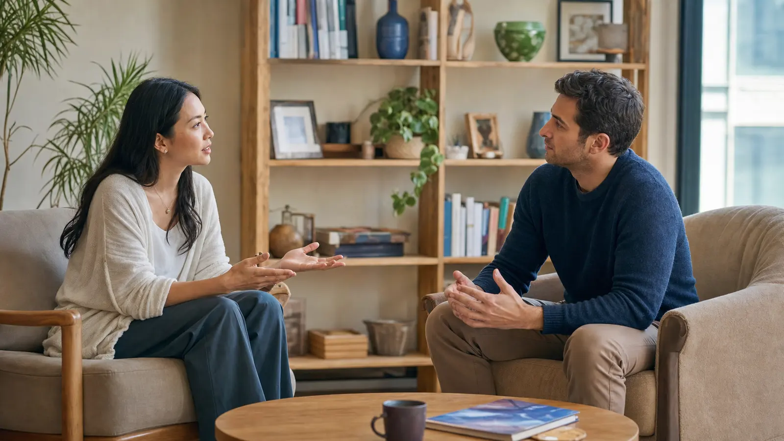 Two partners sit face to face and have a calm, attentive conversation