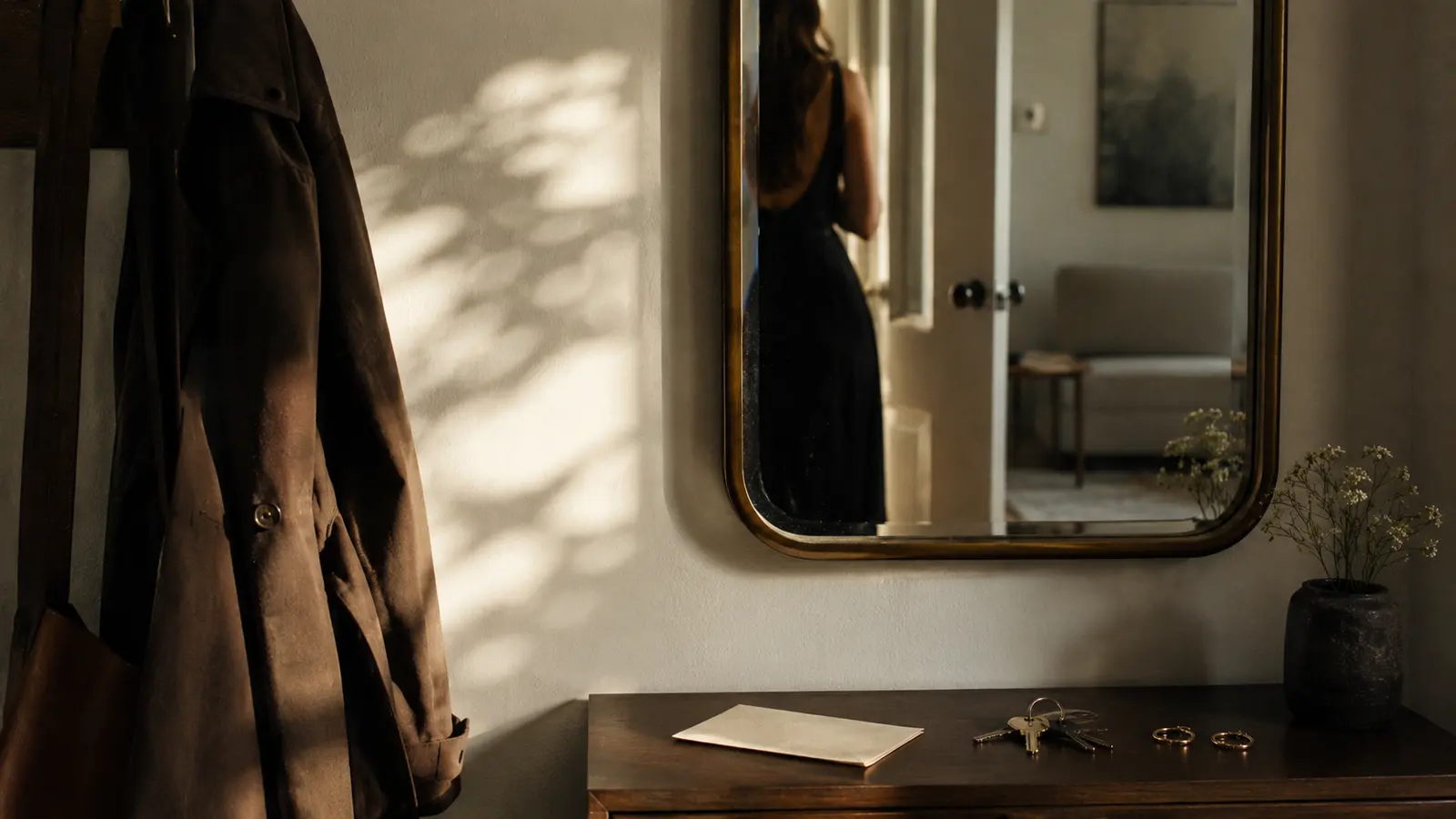Confidence when dating: a woman pauses near a mirror before choosing from self-trust