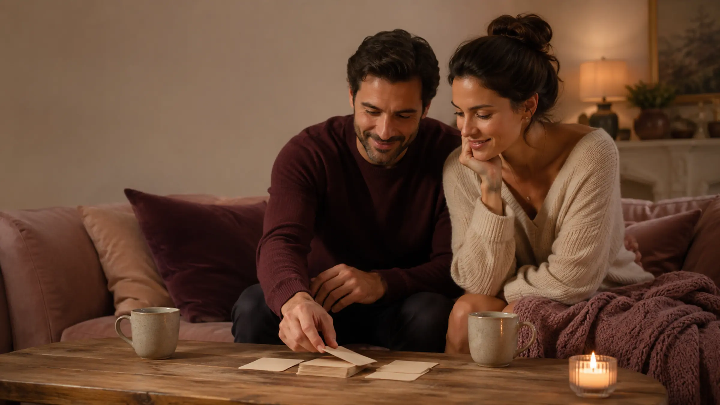 A couple choosing a prompt card during a cozy night at home